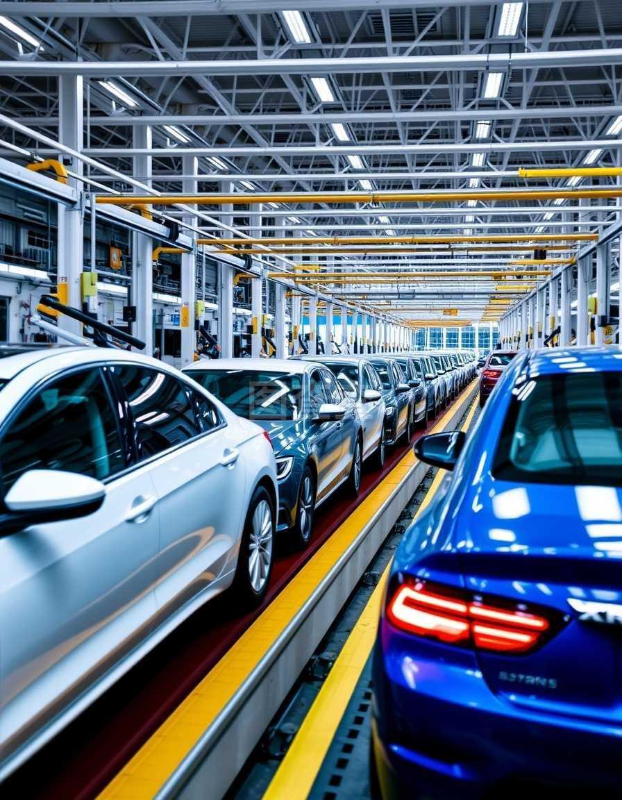 汽車在汽車工廠里排成一排